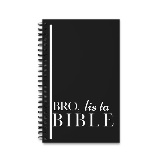 Carnet à spirales noir avec le texte "BRO. lis ta BIBLE" écrit en blanc sur la couverture. Un article de papeterie chrétienne conçu pour encourager la lecture de la Bible.
