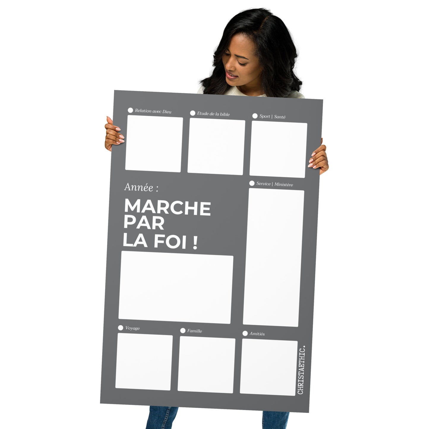 Poster en papier mat de qualité musée intitulé "MARCHE PAR LA FOI !". Le poster présente un tableau de prière avec plusieurs sections pour la méditation biblique et la spiritualité .